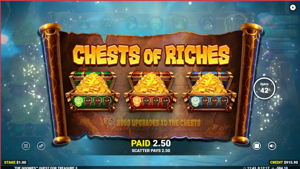 The Goonies Quest for Treasure 3 slot game interface featuring iconic movie characters and treasure map aesthetics.